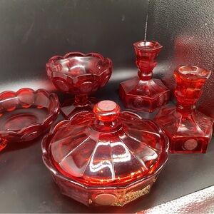 Vintage Fostoria Ruby Red  Lidded Candy, Candle, 5  Pieces Excellent